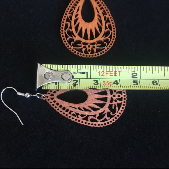 Brown Boho Wooden Water Drop Dangle Earrings - Picture 6 of 7